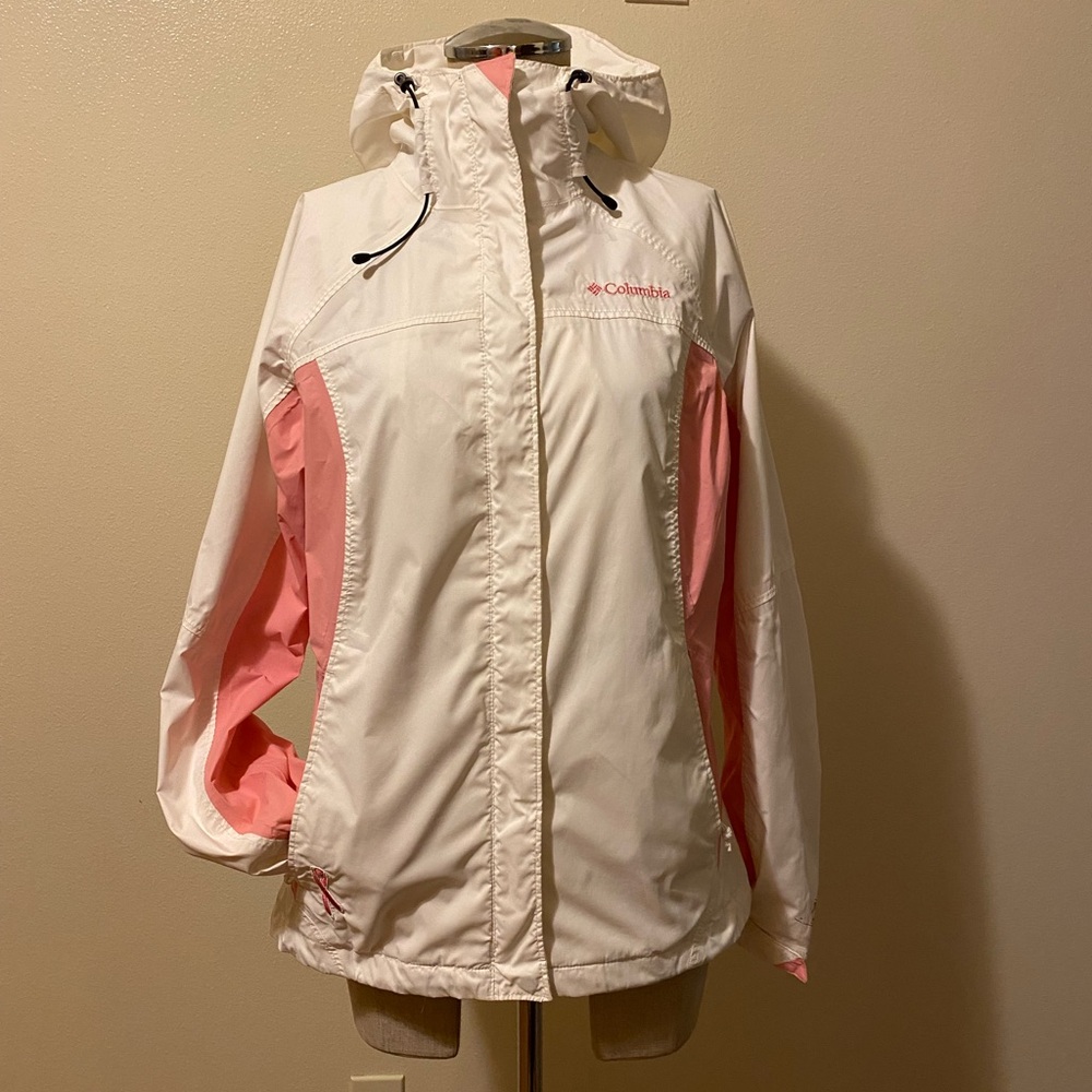 Columbia White and Pink Hooded Windbreaker Jacket